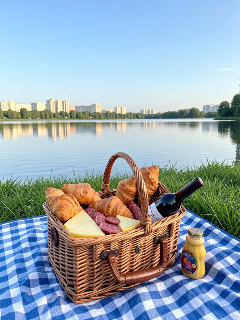 Cesta de vime com croissants, queijo fatiado, salsichas e vinho tinto sobre toalha xadrez azul e branca à beira de lago com reflexo de cidade, grama verde e céu azul.