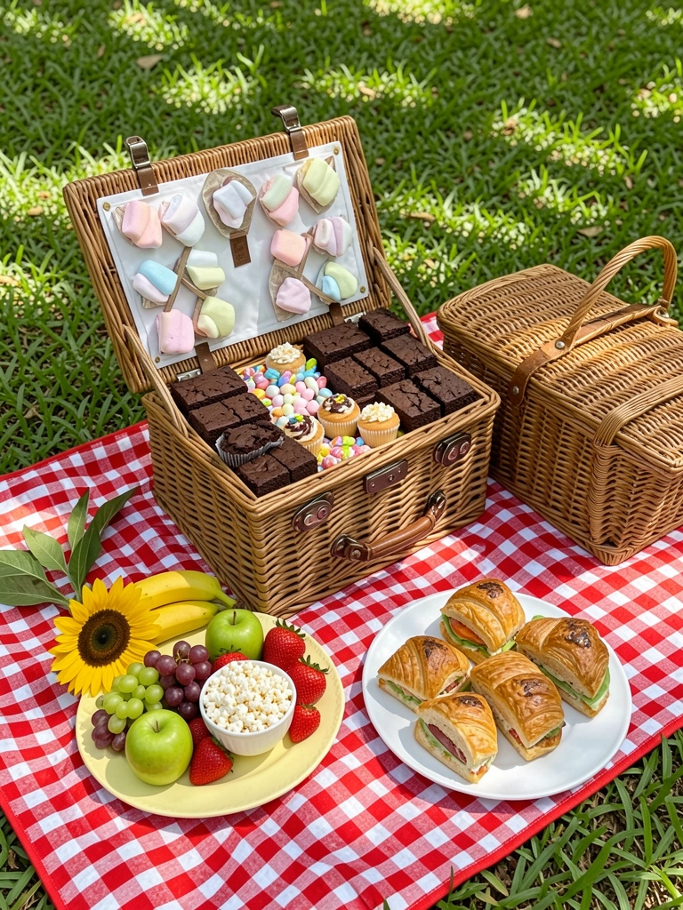 Cesta de vime com brownies, cupcakes e doces sobre toalha xadrez vermelha e branca na grama, prato amarelo com frutas e brisa ensolarada.