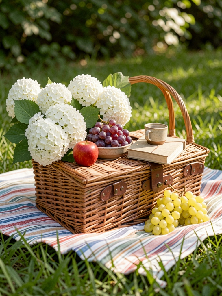 Cesta de vime com hortênsias brancas, maçã vermelha, uvas roxas e amarelas sobre manta listrada na grama, luz difusa ao fundo.