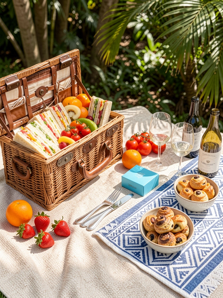 Cesta de vime com sanduíches e frutas sobre manta bege, talheres de prata e copos de vinho ao lado, luz natural filtrando por folhas.