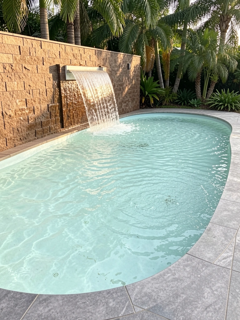 Piscina oval de água turquesa clara com cascata branca, cercada por piso cinza e muro de pedra marrom, palmeiras verdes ao fundo na luz natural.