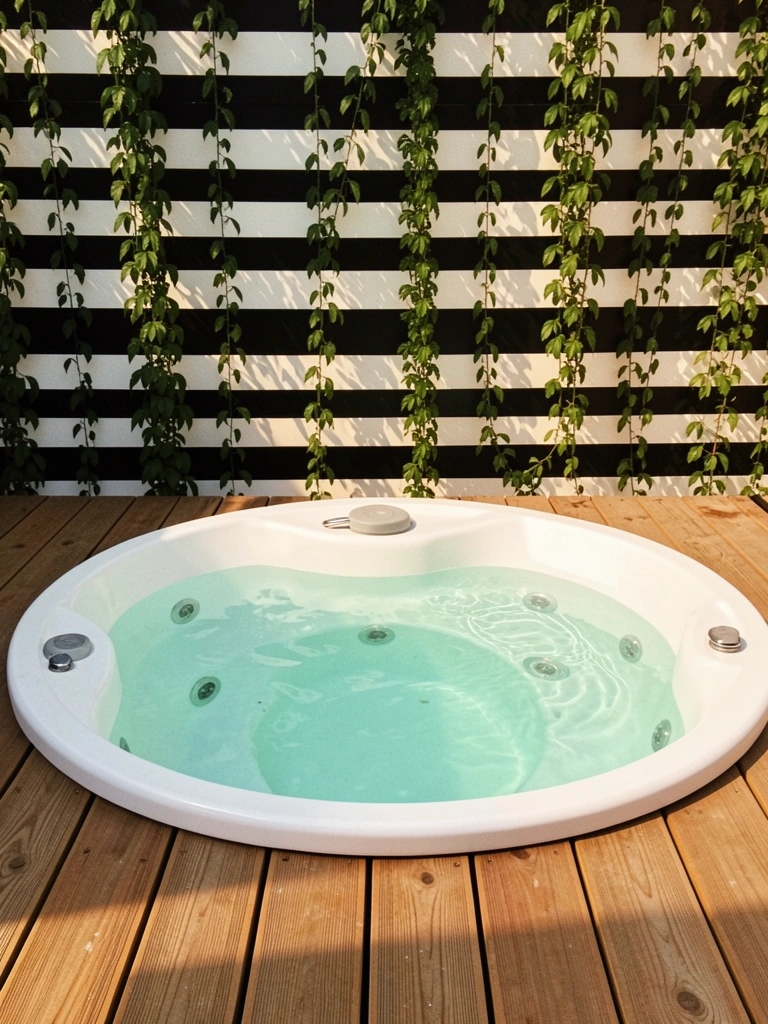 Banheira de hidromassagem circular branca com água turquesa em deck de madeira, parede listrada em preto e branco coberta por plantas verdes pendentes.