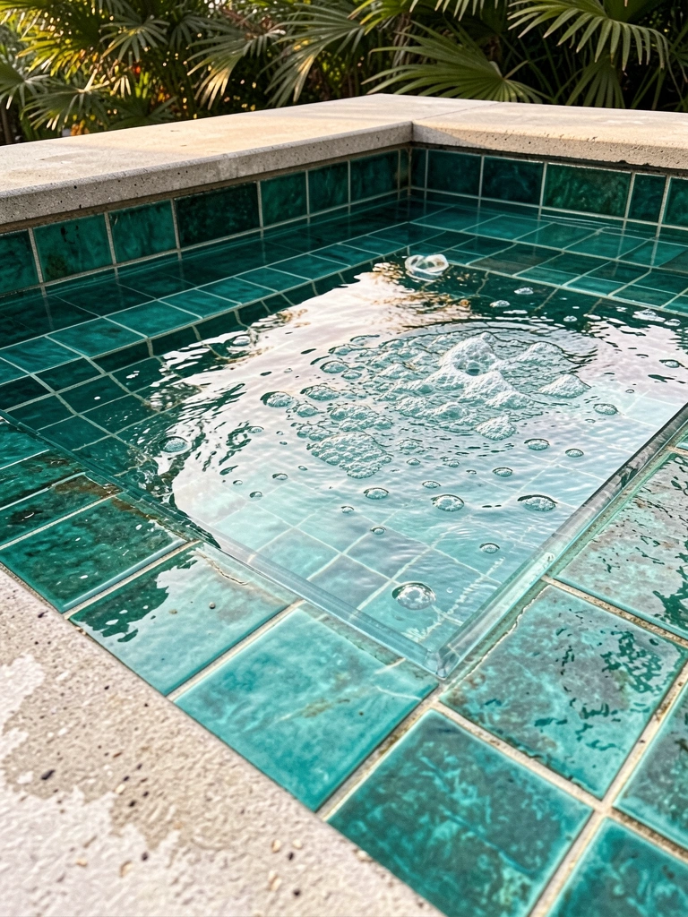 Jacuzzi retangular de azulejos turquesa com painel de vidro, água borbulhante e reflexos, luz natural e folhagem verde ao fundo.