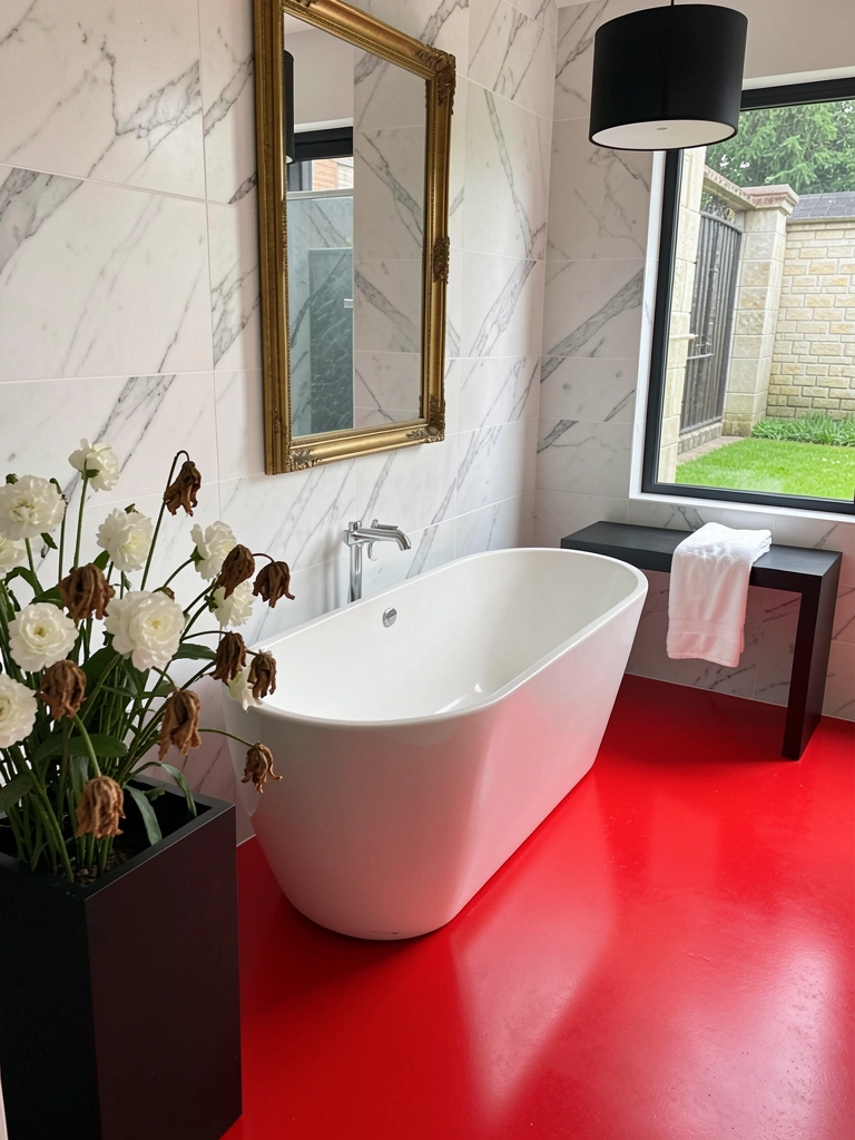 Piso epóxi vermelho brilhante refletindo luz em ambiente interno.