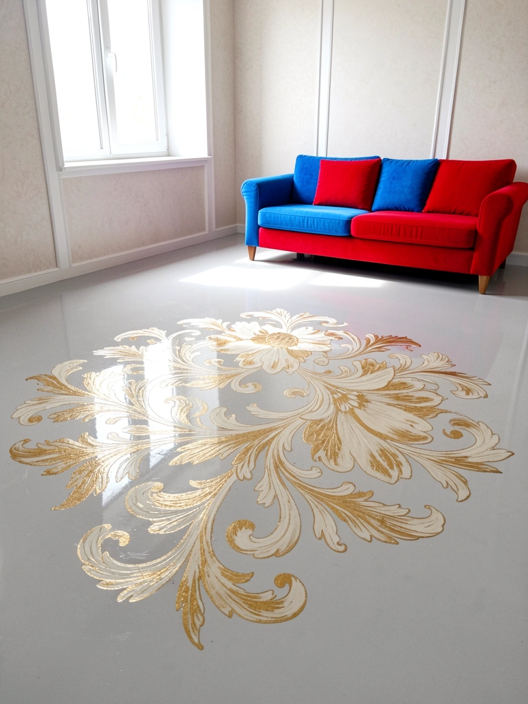 Sala ampla com piso líquido cinza claro e sofá colorido em tons vibrantes.