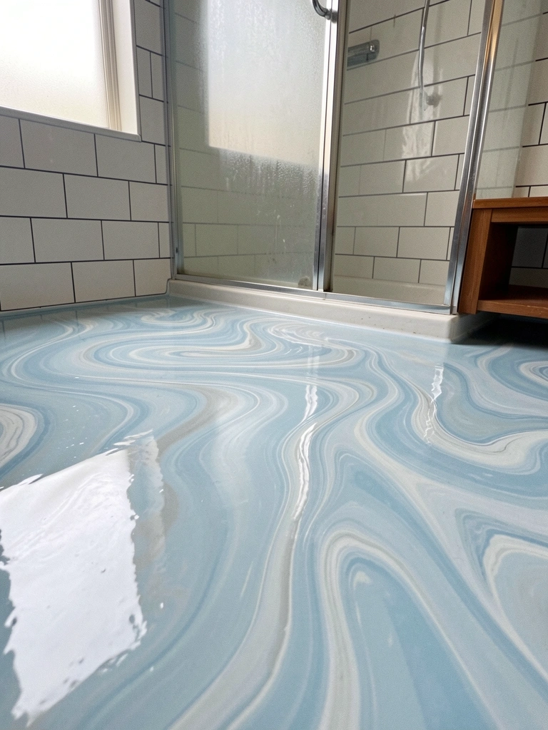 Banheiro com piso líquido azul claro e box de vidro, parede clara e bancada com cuba.