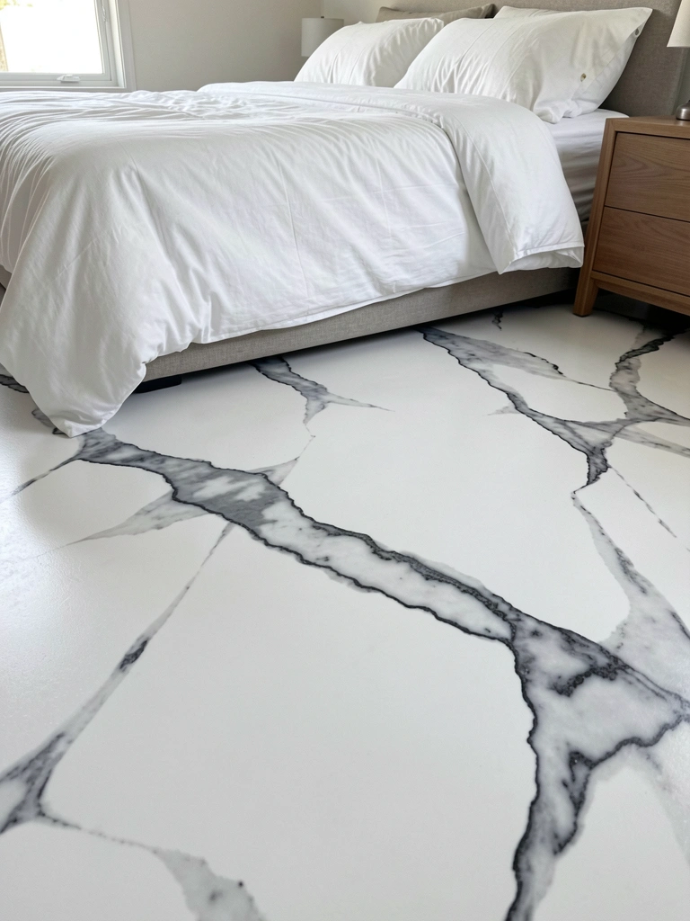 Quarto com piso líquido fosco acinzentado, cama com roupa de cama branca e almofadas, parede clara e luz natural entrando pela janela.