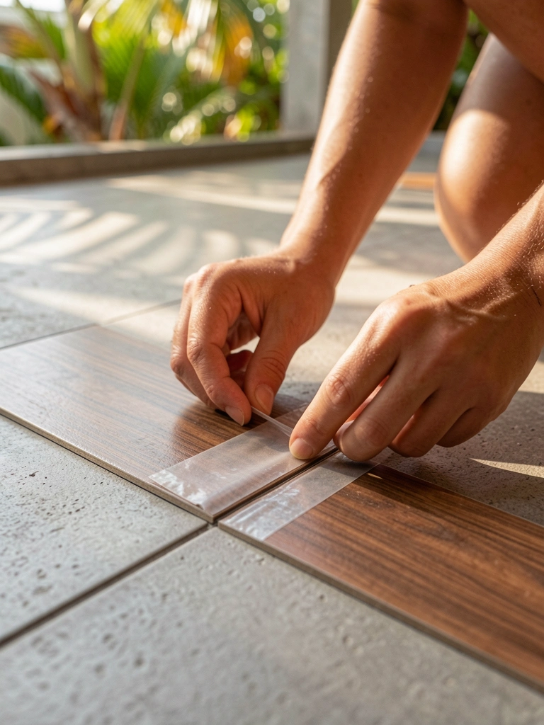 Mãos femininas aplicando tiras adesivas em placas vinílicas marrons com textura de madeira sobre piso de concreto cinza, luz natural com sombras suaves.