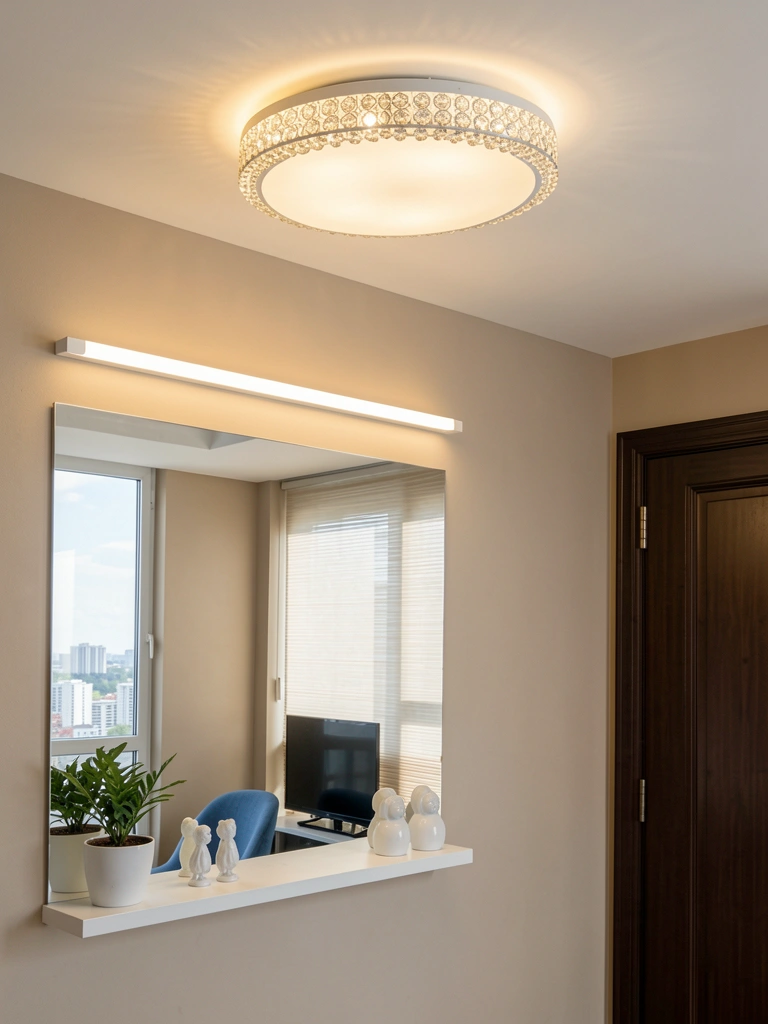 Luminária de teto LED branca com borda decorativa de cristal acima de espelho que reflete estante com vaso de planta, TV e poltrona azul, faixa de luz na parede e janela com persianas.