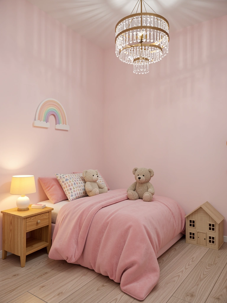 Quarto infantil com parede rosa, cama com edredom felpudo e ursinho bege, lustre de cristal no teto.