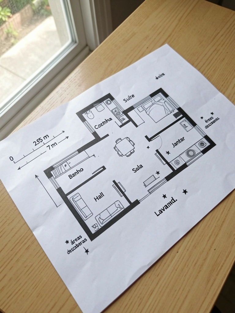 Planta baixa de apartamento com sala, cozinha, dois quartos e banheiros, layout funcional.