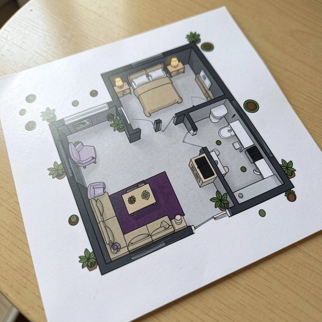 Ícones de cômodos sobre fundo de planta baixa, representando sala, quarto, cozinha e banheiro.