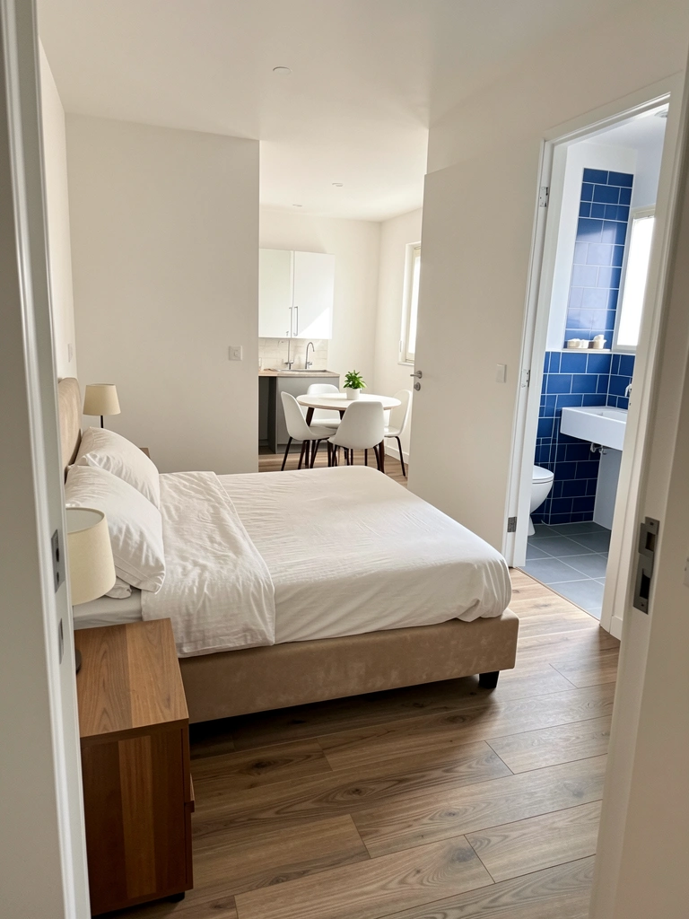Planta baixa de apartamento de dois quartos, um com banheiro privativo e outro social, com sala, cozinha e área de serviço.