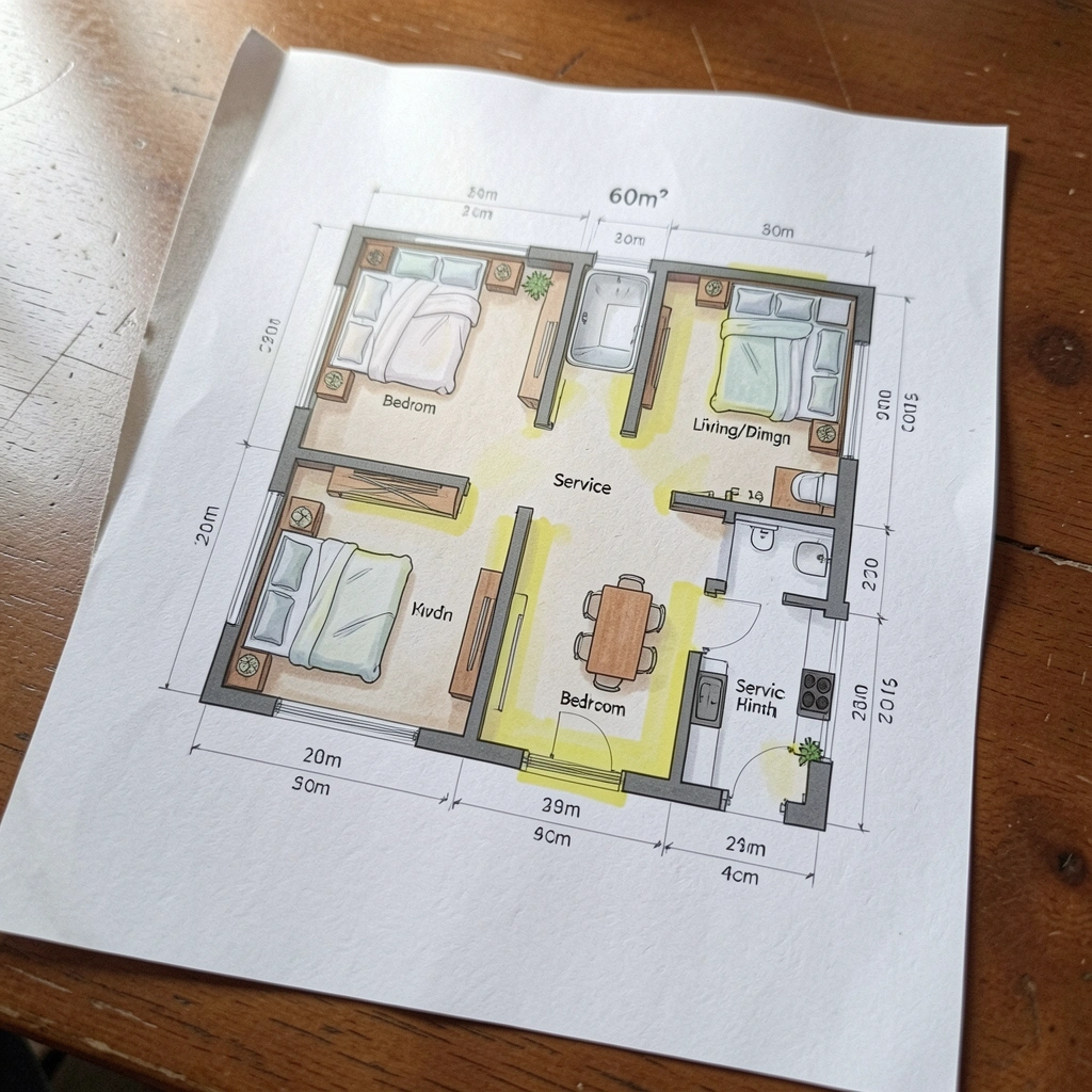 Planta baixa de apartamento de 60m² com áreas destacadas em cores, mostrando distribuição de cômodos.