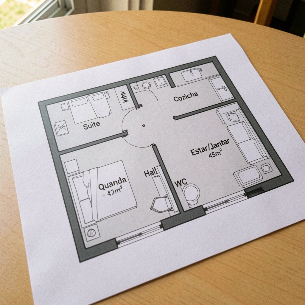 Planta baixa de apartamento de 45m² com móveis planejados integrados.