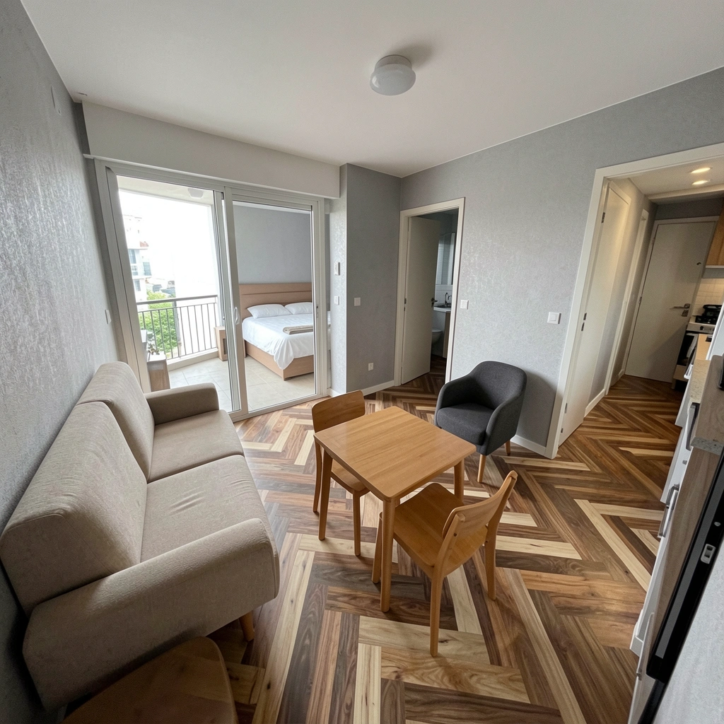Planta baixa de apartamento de 100m² com varanda e suíte ampla, layout aberto e setorização clara dos ambientes.