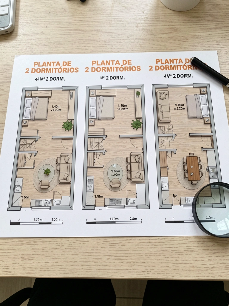 Três plantas baixas de apartamento lado a lado, com layouts distintos.