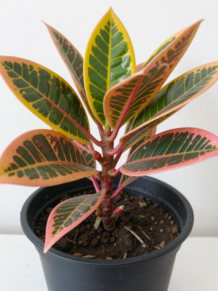 Folhas de croton com tons vibrantes de verde, amarelo, vermelho e laranja.