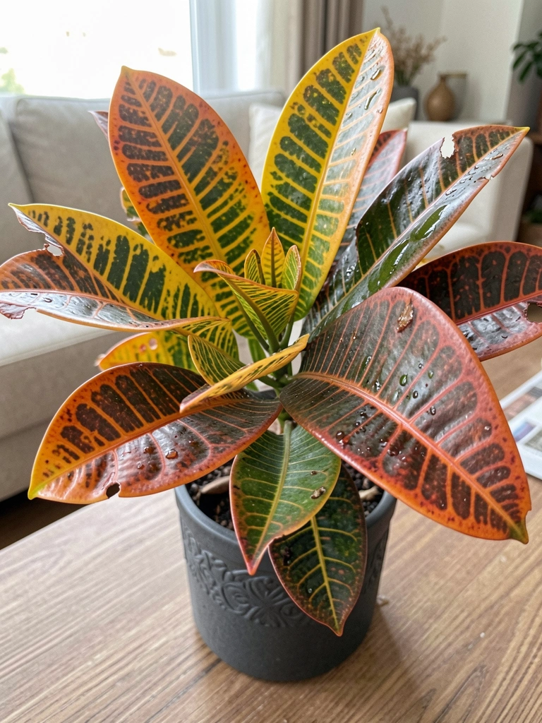 Vaso com folhas verdes e amarelas de croton em sala de estar com sofá claro ao fundo.
