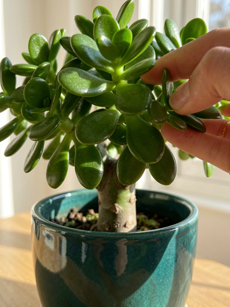 Vaso cerâmico verde-escuro brilhante com planta jade de folhas verdes densas e caule lenhoso, luz natural e mão tocando as folhas.