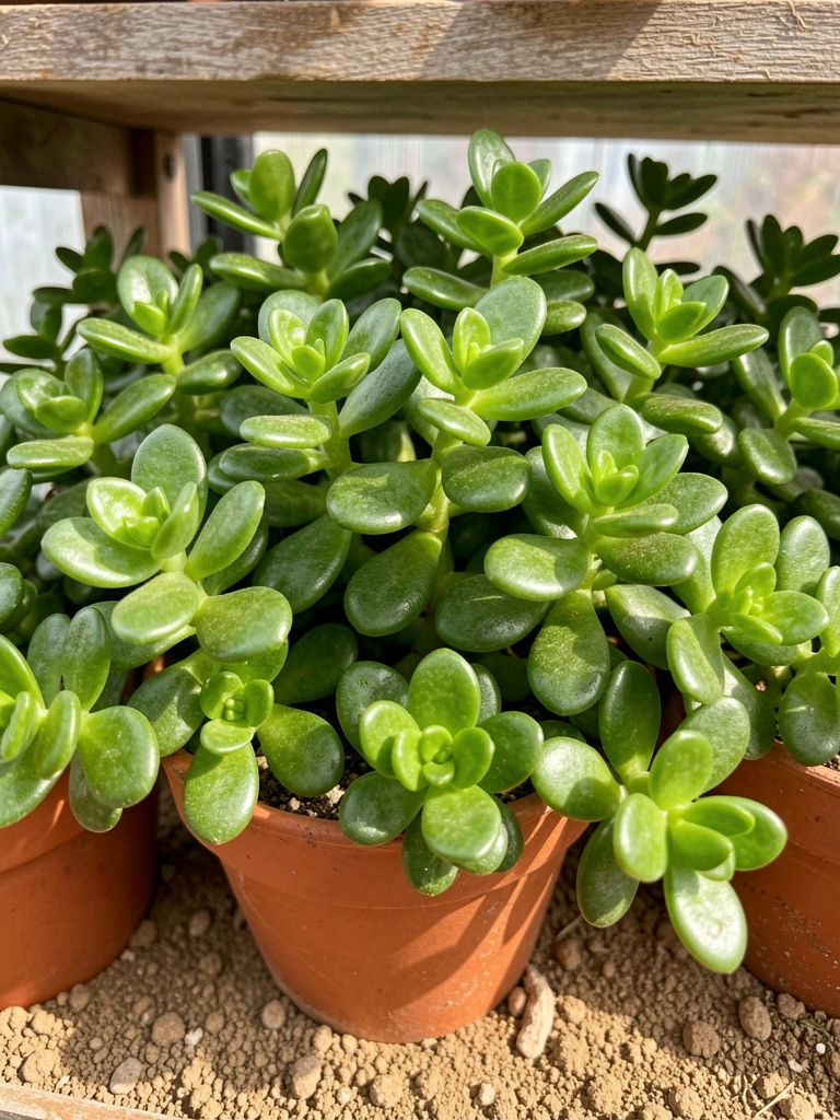 Vasos de terracota com suculentas jade verde-vibrante sobre terra clara, luz natural destacando folhas brilhantes e texturizadas, fundo de prateleira de madeira desgastada.