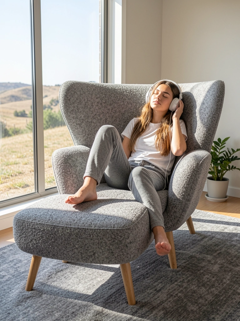 Mulher de fones sentada em poltrona cinza texturizada com pés de madeira, luz natural entrando pela janela, pés descalços no ottoman.