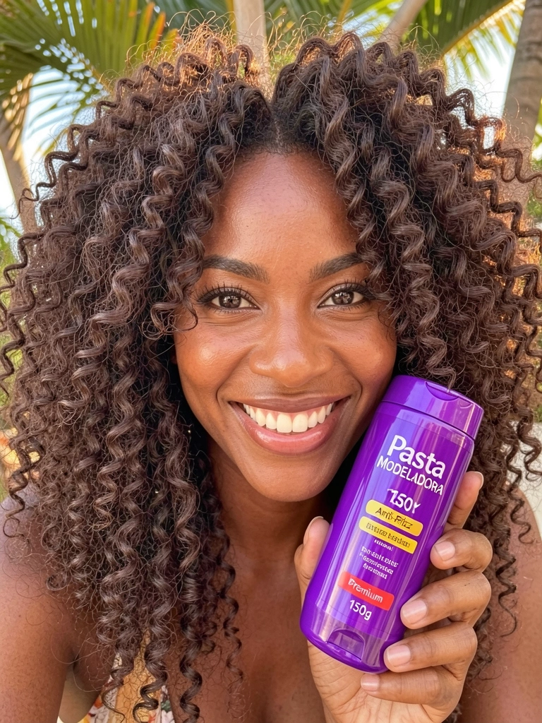 Mulher negra sorrindo segurando produto roxo 
