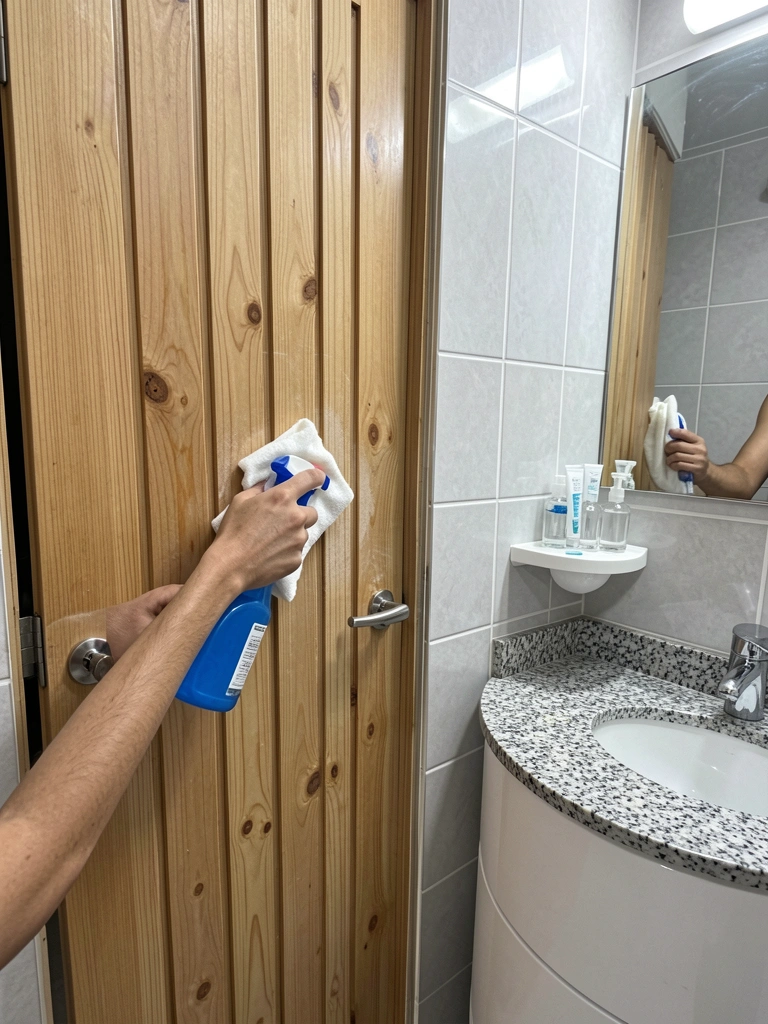 Pano úmido com spray limpando uma porta de PVC branca.