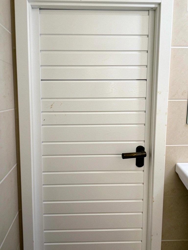 Porta sanfonada de PVC branca instalada em banheiro com azulejos claros.