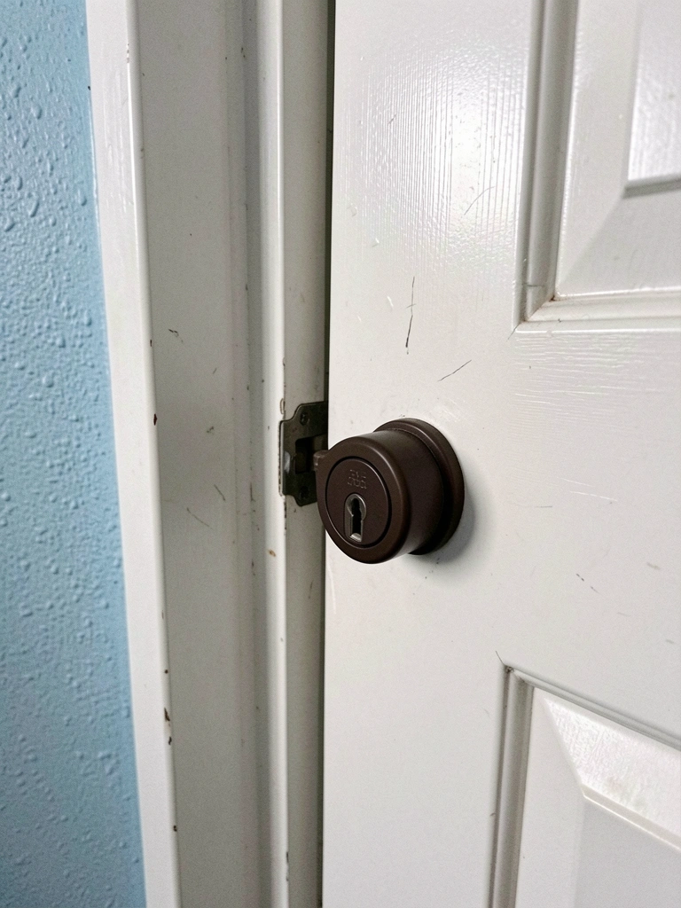 Porta de banheiro de PVC na cor branca, com moldura lisa e puxador metálico prateado.