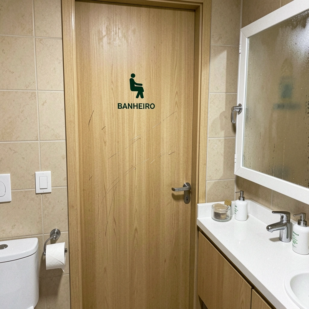 Porta de madeira tratada em banheiro com vapor, com acabamento resistente à umidade.
