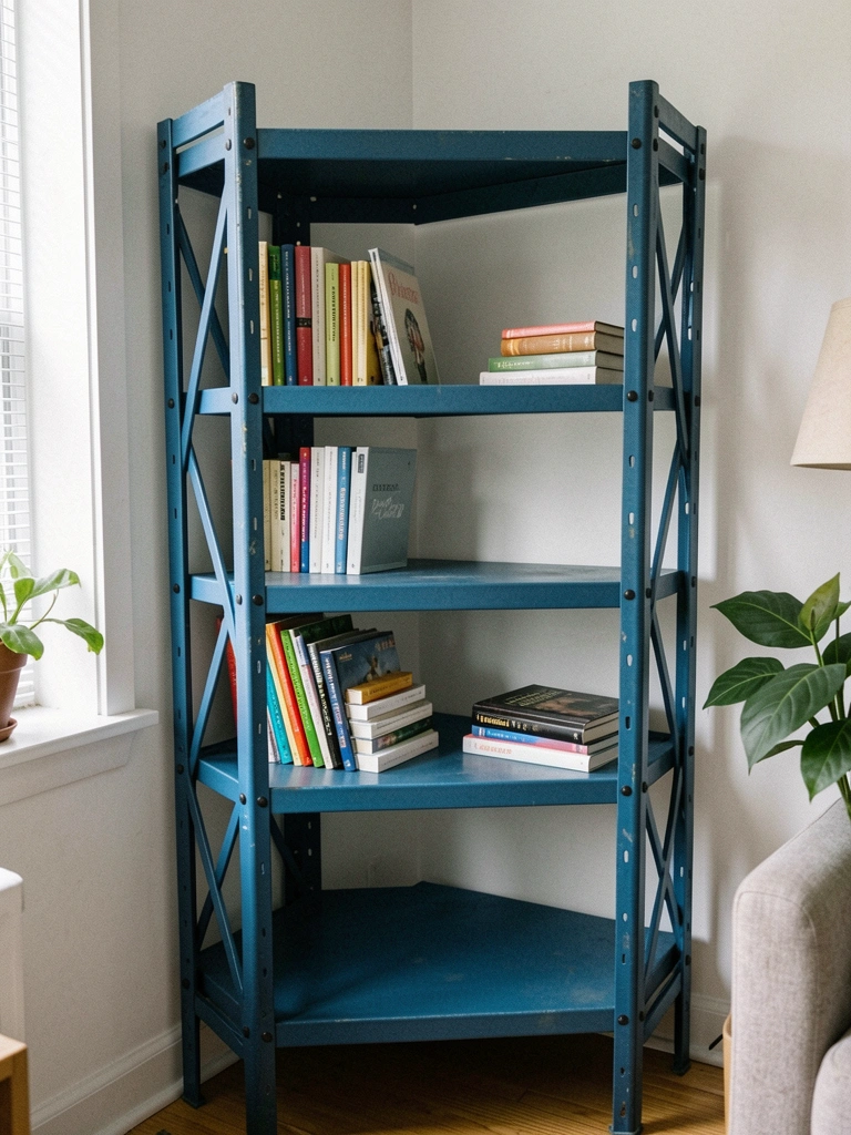 Prateleira de ferro com livros empilhados horizontalmente.