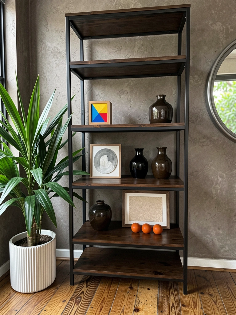 Prateleira de ferro com objetos decorativos em ambiente industrial.