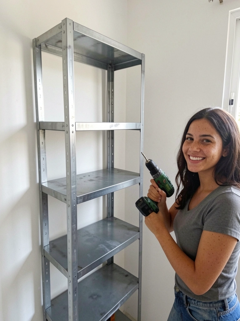 Pessoa usando furadeira para instalar suporte de prateleira em parede clara.