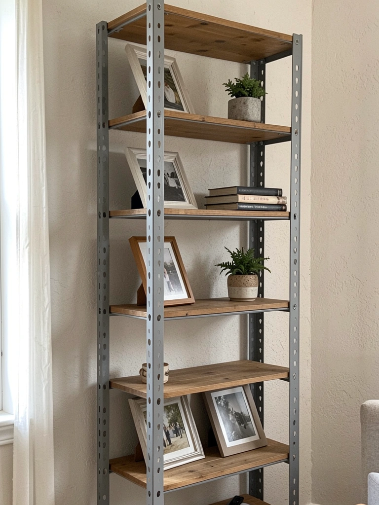 Estante de ferro e madeira com livros e quadros em uma sala de estar.