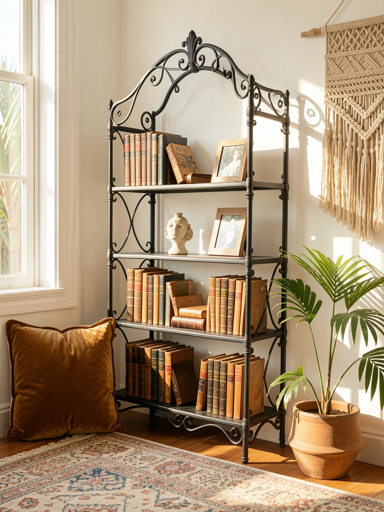Estante de ferro preta ornamentada com livros de couro, escultura de cerâmica e moldura; tapete estampado e almofada de veludo ao lado, luz natural destacando texturas.