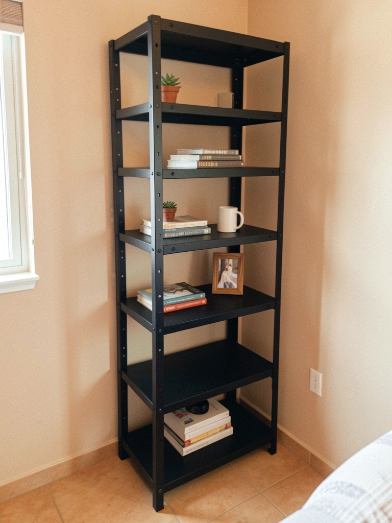 Prateleira de ferro preta fixada na parede de um quarto, com livros e pequenos objetos decorativos.