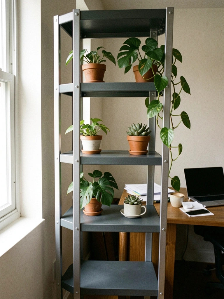 Prateleira de ferro com vasos de plantas em home office iluminado por luz natural.