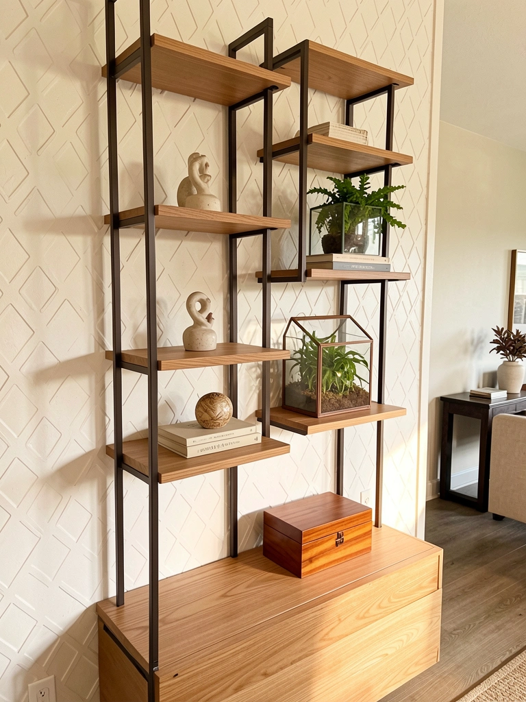 Prateleiras geométricas de metal escuro e madeira clara com terrário de vidro, cerâmica e livros, iluminadas por luz natural.