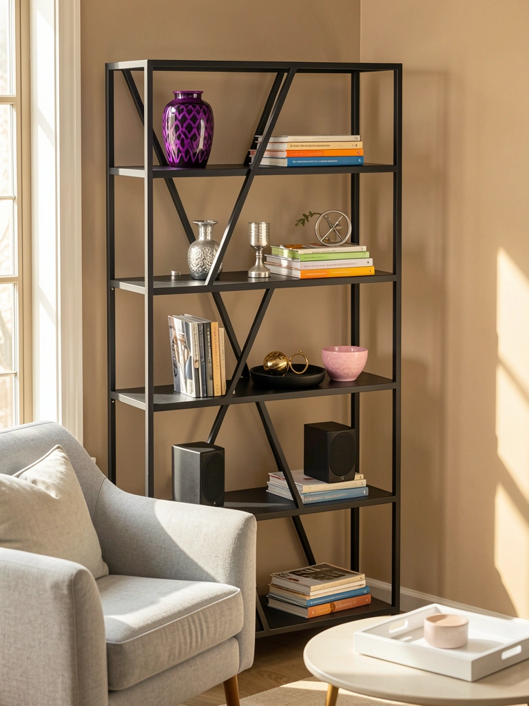 Prateleira preta geométrica com vaso roxo e livros coloridos, poltrona cinza e luz natural ao fundo.