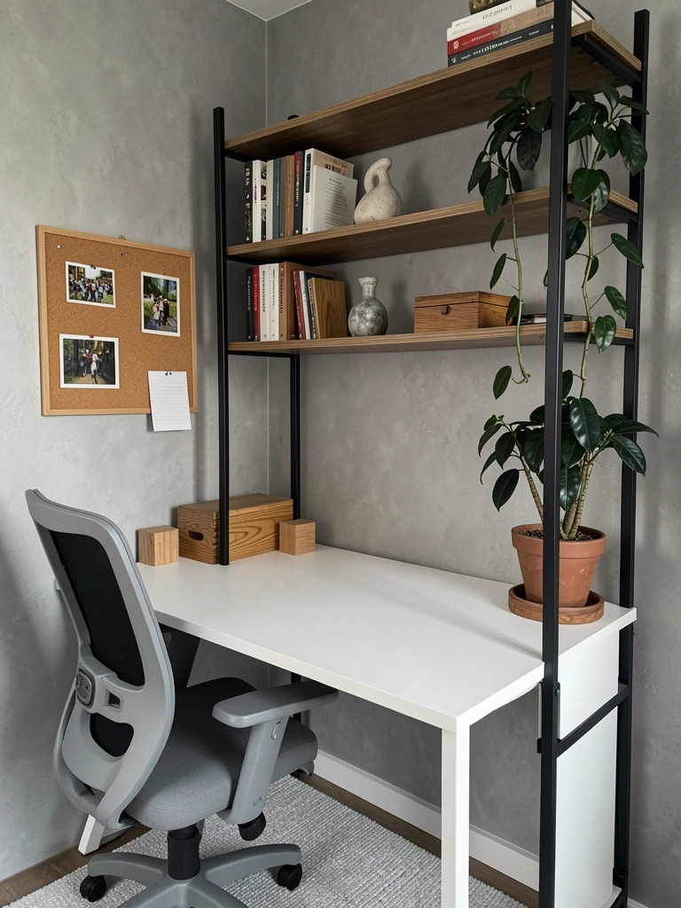 Prateleira alta de metal escuro encostando no teto, com objetos decorativos organizados.