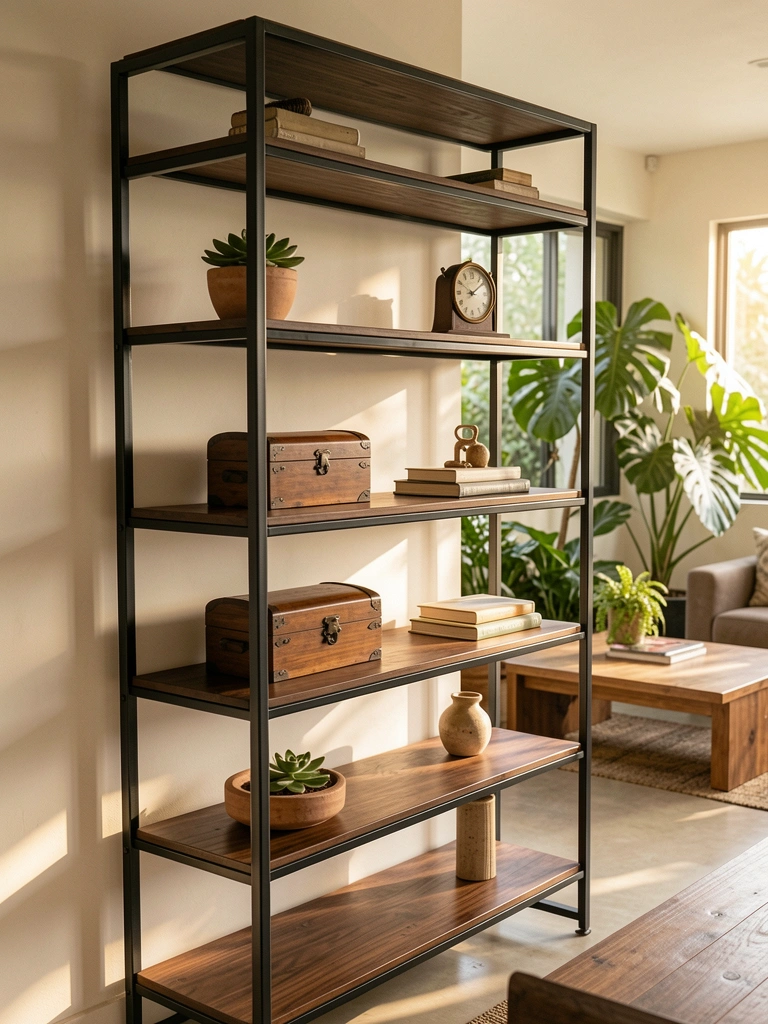Prateleira industrial de ferro preto e madeira escura com vaso de suculenta, baú antigo e pilha de livros, luz natural filtrada por folhagens.