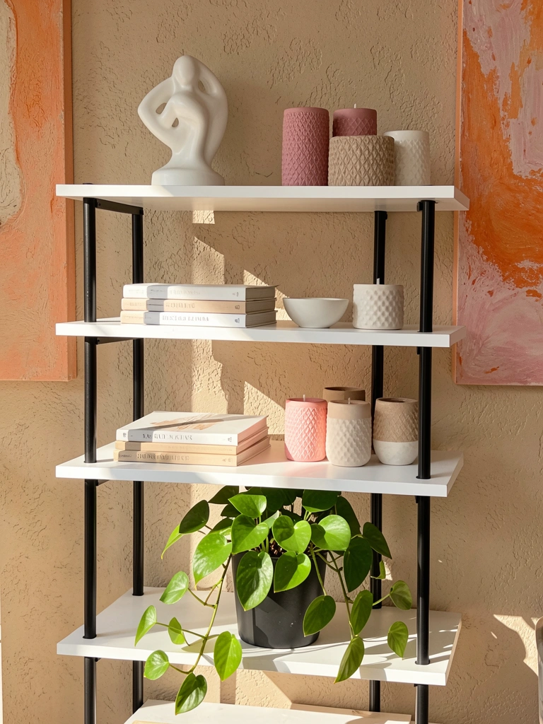 Prateleiras brancas com suportes pretos exibindo vaso cerâmico, livros, tigela e candelabros, com pothos pendente e pintura abstrata ao fundo, iluminação natural.