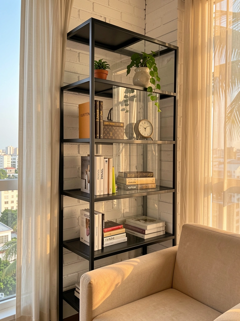 Prateleira preta de metal com livros de luxo, vaso com planta, relógio e poltrona bege contra parede de tijolos brancos e janela com vista urbana.