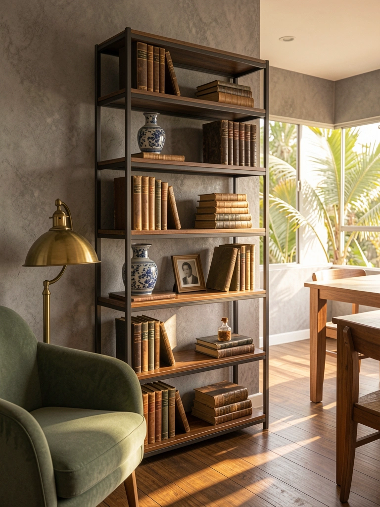 Prateleira escura de metal e madeira com livros antigos, vaso azul e branco, moldura e garrafa decorativa, parede cinza texturizada e poltrona verde ao fundo, luz natural de janela.