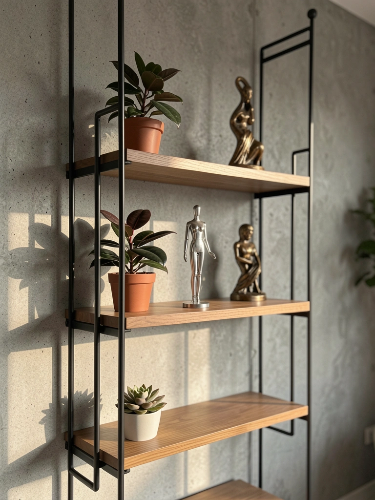 Prateleiras industriais de madeira e metal preto sobre parede de concreto cinza texturizado, com vaso de planta, manequim prateado e escultura de bronze, luz natural do dia.
