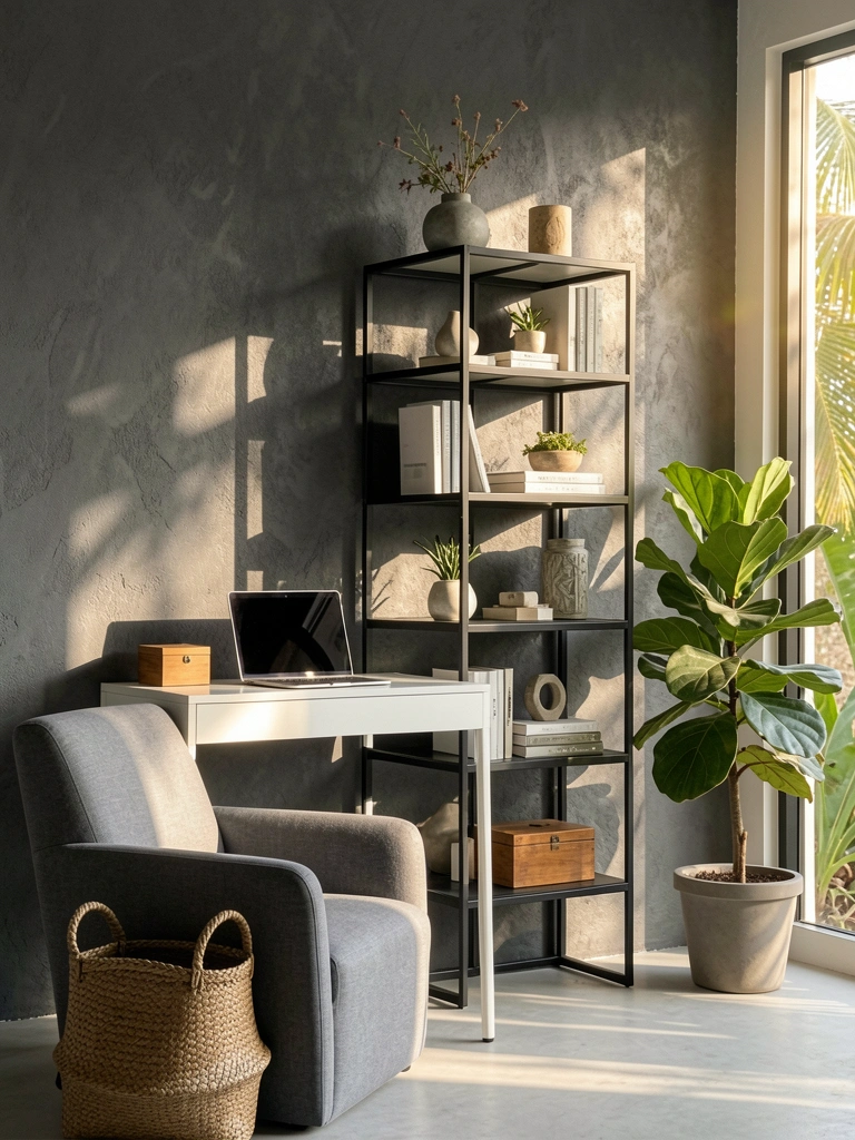 Prateleira preta com livros e objetos sobre mesa branca, parede texturizada cinza escuro e vaso de planta ao lado de poltrona cinza.