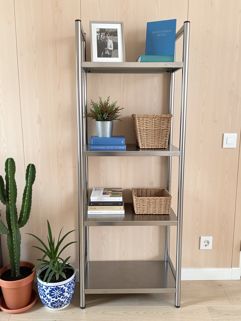 Prateleira de aço inoxidável brilhante fixada em parede clara, com superfície vazia e reflexos suaves.