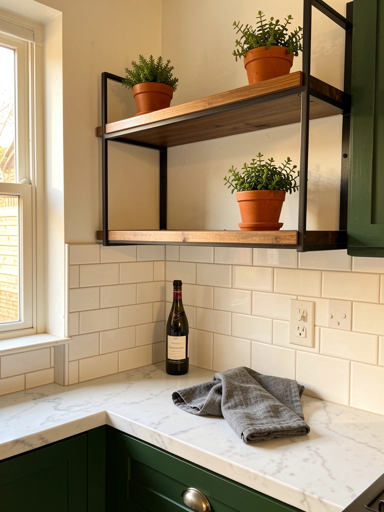 Armários verdes escuros, prateleiras de madeira com vasos de terracota e plantas, bancada de mármore com garrafa de vinho e tecido cinza, luz natural.