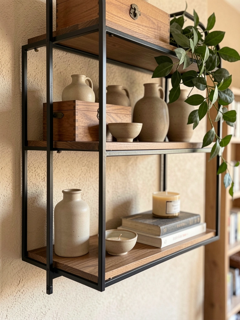 Prateleira geométrica preta com vasos cerâmicos, livros empilhados e planta verde, luz natural em parede bege texturizada.